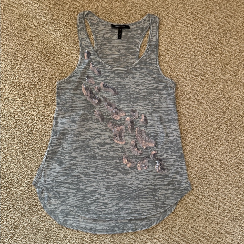 BCBG Razorback Tank Top • Gray w/Silver Sequins • XS